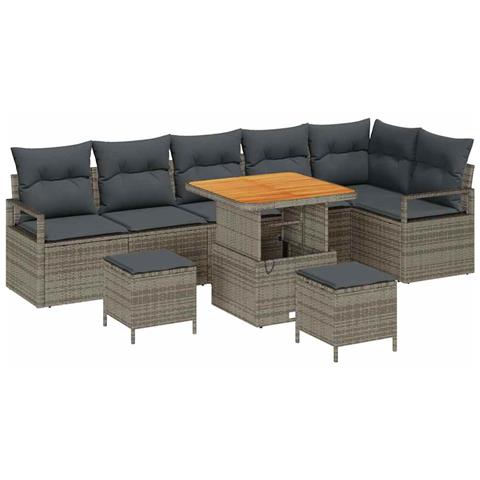 Set di divano da giardino  9 pezzi con cuscini grigio polyrattan acacia, Divano da giardino  a 2 posti con cuscini grigio polyrattan, Set da pranzo da giardino  3 pezzi con cuscini grigio polyrattan acacia - Foto 1