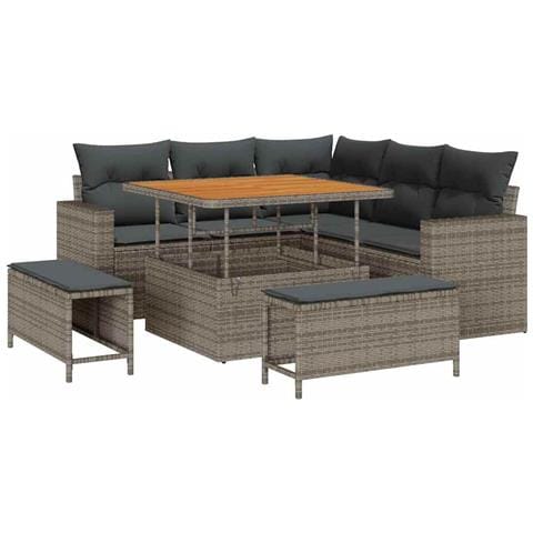 Set Divano da Giardino 8 Pezzi con Cuscini Grigio Polyrattan Acacia, Set da Pranzo Giardino 3 Pezzi con Cuscini Grigio Polyrattan Acacia - Foto 1