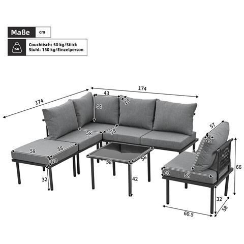 Set Da 6 Lounge Da Giardino, Con Cuscini Seduta, Corda E Schienale, Piano Tavolo In Vetro Liscio, Piedini Regolabili, Struttura In Ferro Zincato, Grigio - Foto 2