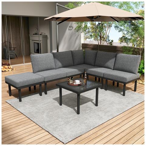 Set Da 6 Lounge Da Giardino, Con Cuscini Seduta, Corda E Schienale, Piano Tavolo In Vetro Liscio, Piedini Regolabili, Struttura In Ferro Zincato, Grigio - Foto 1