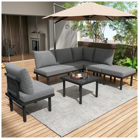 Set Da 6 Lounge Da Giardino, Con Cuscini Seduta, Corda E Schienale, Piano Tavolo In Vetro Liscio, Piedini Regolabili, Struttura In Ferro Zincato, Grigio - Foto 4