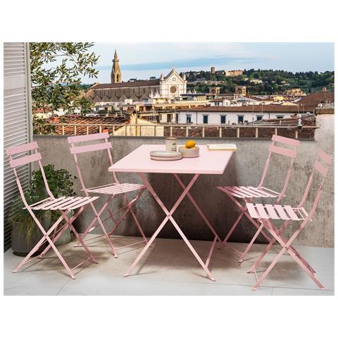 Set Da Pranzo Da Giardino 4 Posti Fiori Pieghevole Metallo Rosa Pastello - Foto 1