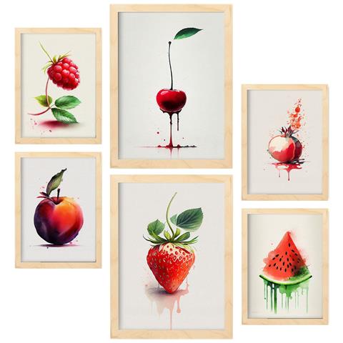 Set Di 6 Stampe Poster Di Frutti Rossi, Frutta, Verdura E Cibo Sano In Acquerello Su Bianco Puro A3 & A4 Telaio In Legno Chiaro - Foto 1
