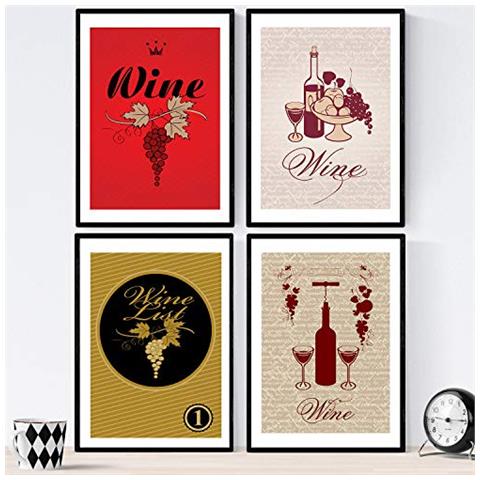 Set Di 4 Stampe Di Vino. Poster Di Vino E Cantina. Vino Vintage 1 Cornice Nera A4 - Foto 1