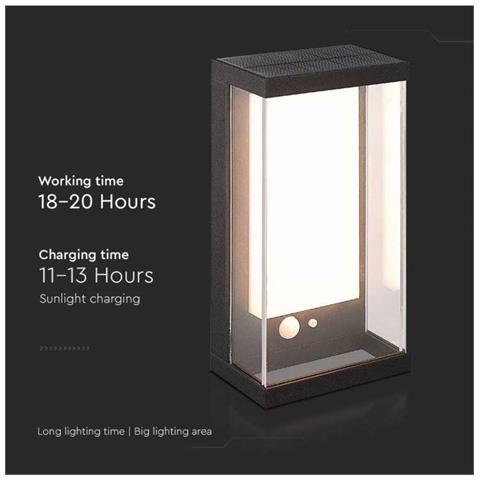 Lampada LED da Muro Rettangolare con Pannello Solare e Sensore PIR 1W Colore Nero 3000K IP54, colore Nero - Foto 3