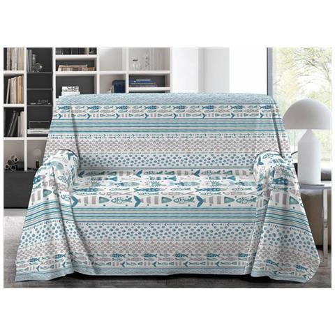 Telo Arredo Granfoulard Copritutto Salvadivano 100% Cotone Disegno Pesci Singolo Azzurro - Foto 1