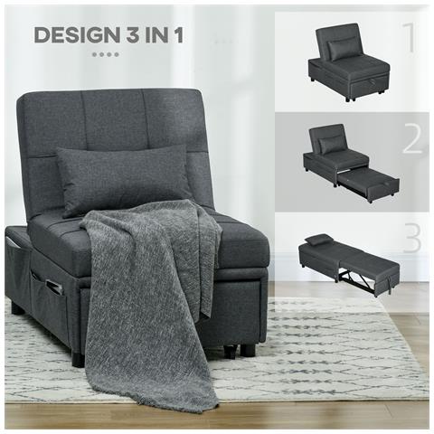 Poltrona Letto Singolo 3 In 1 Reclinabile A 3 Livelli Con Cuscino, In Tessuto Effetto Lino, 65.5x104x81 Cm, Grigio - Foto 2