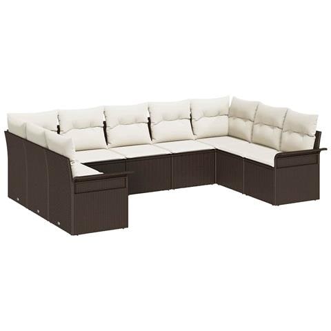 Set di Divano da Giardino 9 Pezzi con Cuscini in Rattan Poliestere Marrone, Divano da Giardino 2 Posti con Scaffale e Cuscini in Rattan Poliestere Marrone - Foto 1
