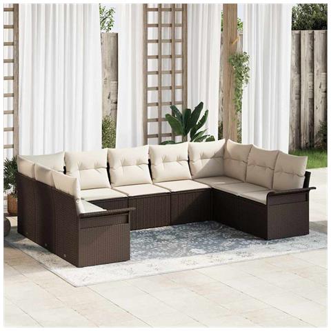 Set di Divano da Giardino 9 Pezzi con Cuscini in Rattan Poliestere Marrone, Divano da Giardino 2 Posti con Scaffale e Cuscini in Rattan Poliestere Marrone - Foto 2