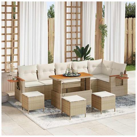 Set Divano da Giardino 10 Pezzi con Cuscini Beige Polyrattan Acacia, Set da Pranzo da Giardino 4 Pezzi con Cuscini Beige Polyrattan Acacia - Foto 2