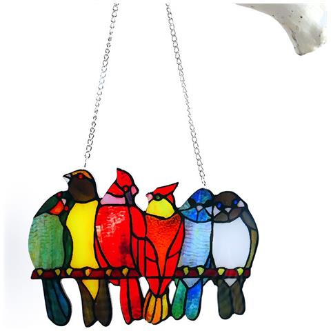 Decorazione Da Appendere Con Gruppo Di Uccelli In Acrilico Colorato - Ornamento Per Finestre E Interni - Foto 1