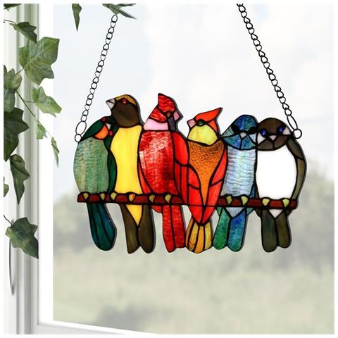 Decorazione Da Appendere Con Gruppo Di Uccelli In Acrilico Colorato - Ornamento Per Finestre E Interni - Foto 5