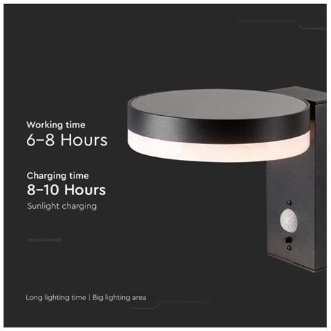 Lampada LED da Muro Rotonda 5.5W con Pannello Solare e Sensore PIR Corpo Nero 3000K IP44, colore Nero - Foto 2
