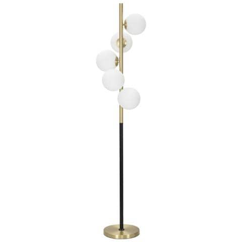 Piantana Glamy Dark A 5 Luci In Ferro Nero E Oro Con Sfere In Vetro Bianco - Foto 1