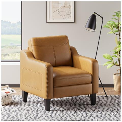 Poltrona moderna in PU, stile Mid-Century, con tasca laterale portaoggetti, comfort ergonomico per soggiorno e ufficio, marrone giallastro - Foto 1