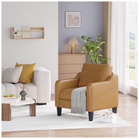 Poltrona moderna in PU, stile Mid-Century, con tasca laterale portaoggetti, comfort ergonomico per soggiorno e ufficio, marrone giallastro - Foto 2