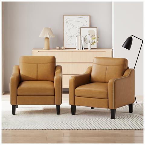 Poltrona moderna in PU, stile Mid-Century, con tasca laterale portaoggetti, comfort ergonomico per soggiorno e ufficio, marrone giallastro - Foto 8