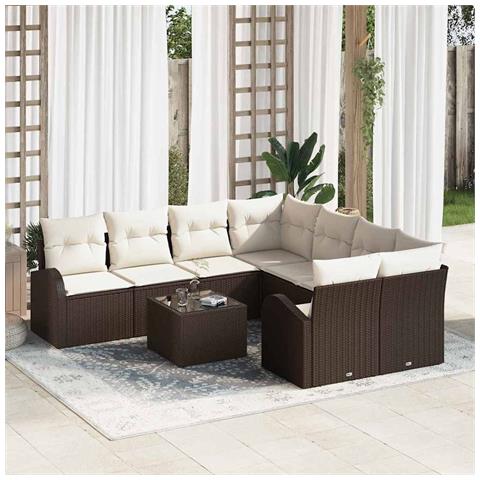 Set di divano da giardino  9 Pezzi con cuscini Marrone in Polyrattan, Divano da giardino  2 posti con spazio di stoccaggio e cuscini Marrone in Polyrattan - Foto 2