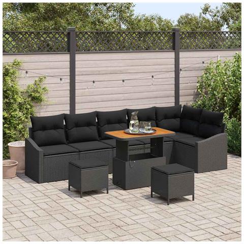 Set Divani Giardino  9 Pezzi con Cuscini Rattan Polyrattan Nero Acacia, Divano Giardino  2 Posti con Cuscini Rattan Polyrattan Nero, Set Pranzo Giardino  3 Pezzi con Cuscini Rattan Polyrattan Nero Acacia - Foto 2