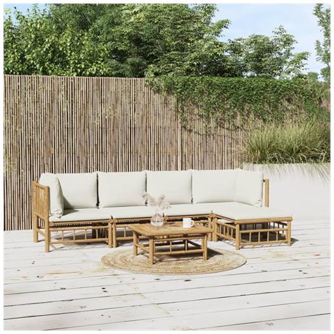 Set Salotto da Giardino 6pz con Cuscini Bianco Crema in Bambù - Foto 2