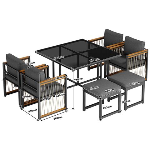 Set Tavolo E Sedie Da Pranzo 7 Pezzi, Per 6 Persone, Tavolo In Vetro Temperato, Piano Corrimano In Legno Di Acacia, Per Esterno - Foto 4
