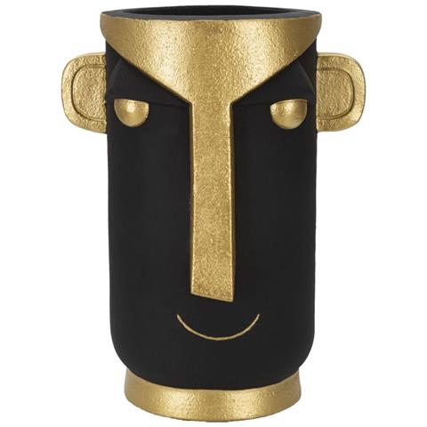 Vaso Tribal In Resina Nera E Oro Con Volto Stilizzato - Foto 1