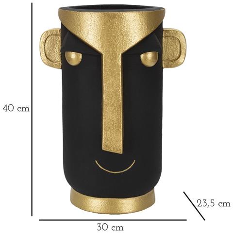 Vaso Tribal In Resina Nera E Oro Con Volto Stilizzato - Foto 6