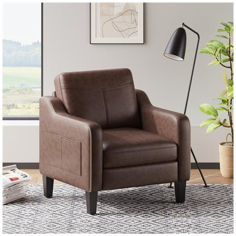 Poltrona moderna in PU, stile Mid-Century, con tasca laterale portaoggetti, comfort ergonomico per soggiorno e ufficio, marrone cioccolato - Foto 1