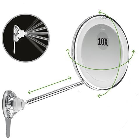 Specchio Ingrandente con Ventosa a Ghiera Asta Telescopica Doppio Snodo Ingrandimento 10x Luci LED Cromato - Foto 2