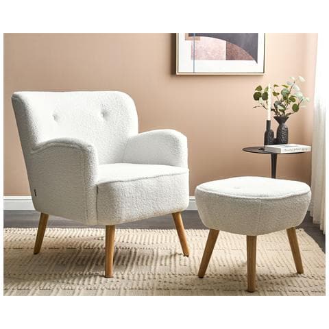 Poltrona Con Poggiapiedi Bouclé Bianco Tumba - Foto 1