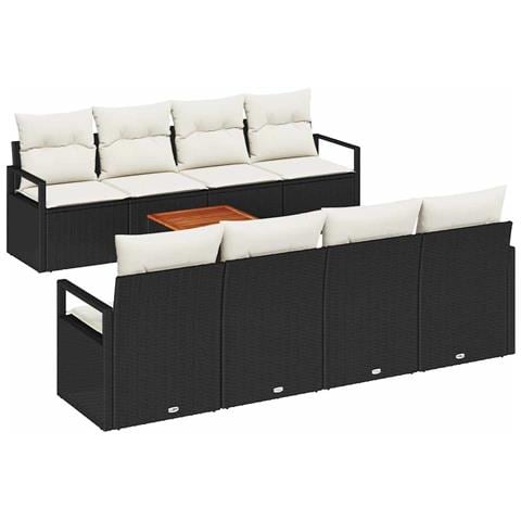 Set di divano da giardino  9 pezzi con cuscini Nero Polirattan Acacia, Divano da giardino  2 posti con cuscini Nero Polirattan - Foto 1