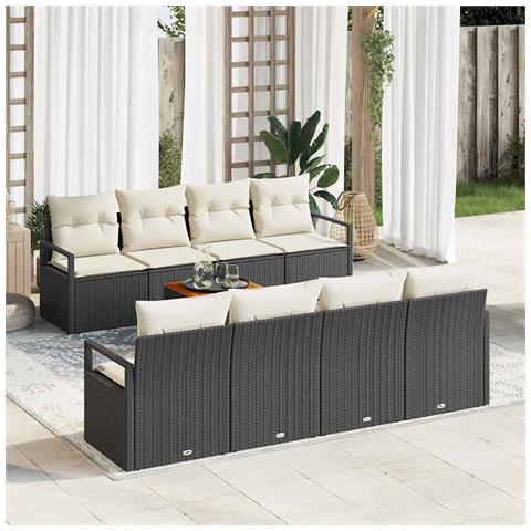 Set di divano da giardino  9 pezzi con cuscini Nero Polirattan Acacia, Divano da giardino  2 posti con cuscini Nero Polirattan - Foto 2