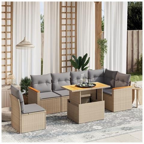 Set Divani da Giardino 7 pz con Cuscini Beige in Polyrattan - Foto 2