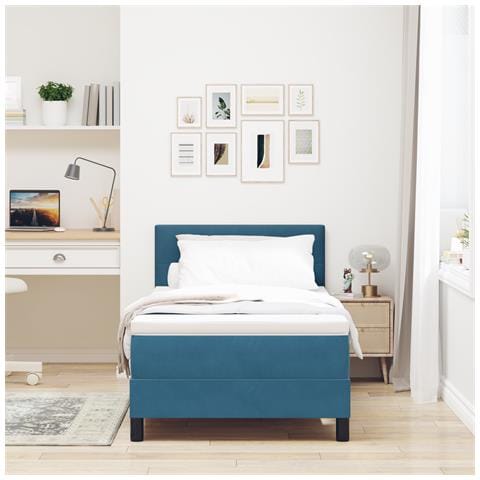 Letto con Rete a Molle e Materasso Blu Scuro Singolo in Velluto - Foto 2