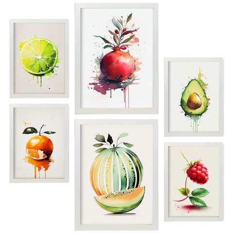 Set Di 6 Stampe Poster Di Frutta Estiva, Verdura E Cibo Sano In Acquerello Su Sfondi Bianchi Puri A3 & A4 Cornice Bianca - Foto 1