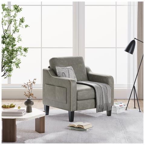 Poltrona moderna in PU, stile Mid-Century, con tasca laterale portaoggetti, comfort ergonomico per soggiorno e ufficio, grigio - Foto 2