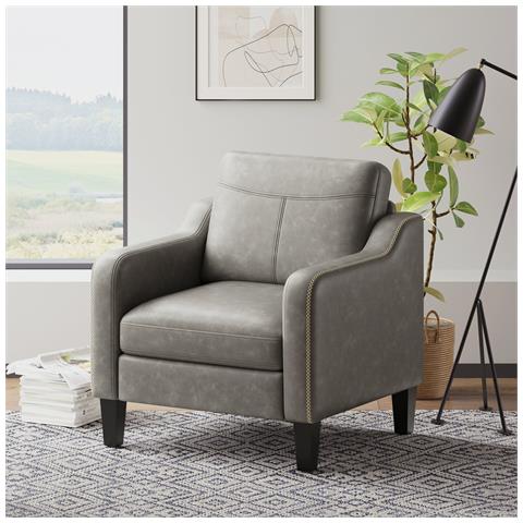 Poltrona moderna in PU, stile Mid-Century, con tasca laterale portaoggetti, comfort ergonomico per soggiorno e ufficio, grigio - Foto 1