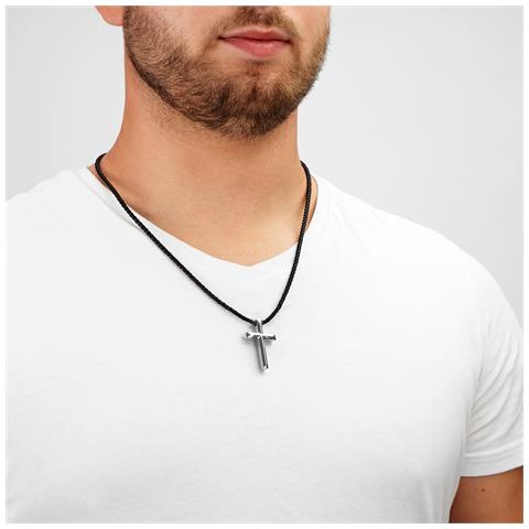 Collana da Uomo in Vera Pelle, ""Cross"", 50cm, Argento - Foto 2