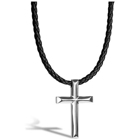 Collana da Uomo in Vera Pelle, ""Cross"", 50cm, Argento - Foto 1