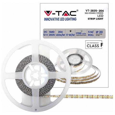 Strip LED 12V, SMD2835, 17W /m, 204 led /m, IP20, Larghezza 10mm - V-TAC VT-2835 - Foto 1