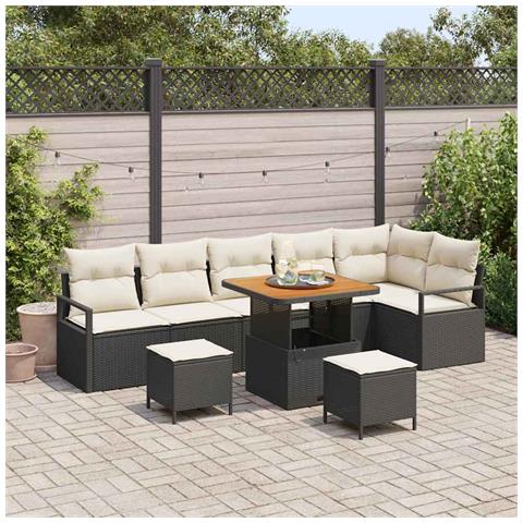Set di Divano da Giardino  9 Pezzi con Cuscini Nero Polyrattan Acacia, Divano da Giardino a 2 Posti  con Stoccaggio e Cuscini Nero Polyrattan, Set da Pranzo da Giardino  3 Pezzi con Cuscini Nero Polyrattan Acacia - Foto 2