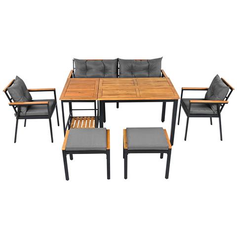 Set Di Tavoli Da Pranzo E Sedie Da Giardino A 6-7 Posti Con Poltrone E Carrello Da Pranzo Rimovibile, Rivestimento In Tessuto Rimovibile E Lavabile, Legno Di Acacia - Foto 2