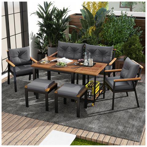 Set Di Tavoli Da Pranzo E Sedie Da Giardino A 6-7 Posti Con Poltrone E Carrello Da Pranzo Rimovibile, Rivestimento In Tessuto Rimovibile E Lavabile, Legno Di Acacia - Foto 1