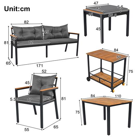 Set Di Tavoli Da Pranzo E Sedie Da Giardino A 6-7 Posti Con Poltrone E Carrello Da Pranzo Rimovibile, Rivestimento In Tessuto Rimovibile E Lavabile, Legno Di Acacia - Foto 4