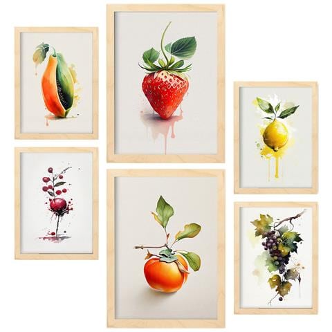 Set Di 6 Stampe Poster Di Frutta, Verdura E Cibi Sani Vivaci In Acquerello Su Bianco Puro A3 & A4 Telaio In Legno Chiaro - Foto 1