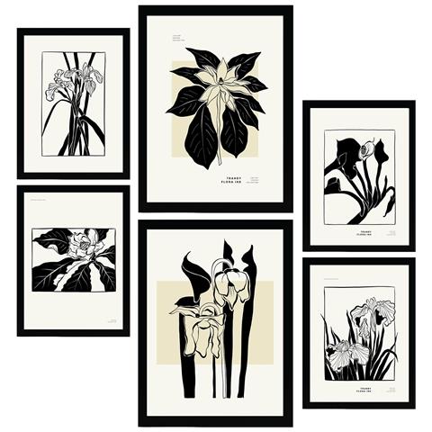Set Di 6 Stampe Stampe Artistiche In Stile Schizzo Esotico Con Inchiostro Nero Per L'interior Design A3 & A4 Senza Cornice - Foto 1