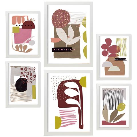 Set Di 6 Stampe Forma Particolare 2 In Dipinti Decorativi Estetici Astratti A Forma Di Fiore Per Il Tuo Soggiorno Di Casa A3 & A4 Cornice Bianca - Foto 1