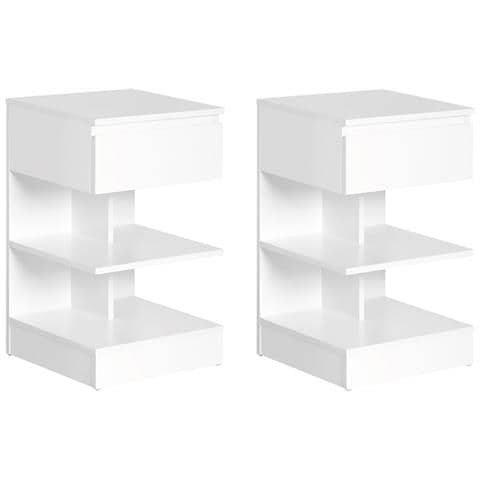 Set 2 Comodini Moderni Con Cassetto E Ripiani, Bianchi - Foto 1