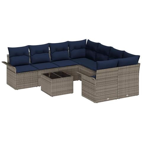 Set Divano da Giardino 9 pcs Grigio e Blu Navy polyrattan - Foto 1