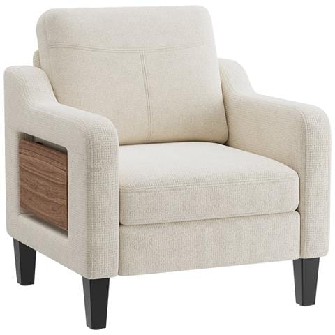 Poltrona moderna in tessuto lino con tavolino laterale ribaltabile e tasca portaoggetti laterale, seduta ergonomica in memory foam, stile Mid-Century versatile, facile da spostare - Foto 1
